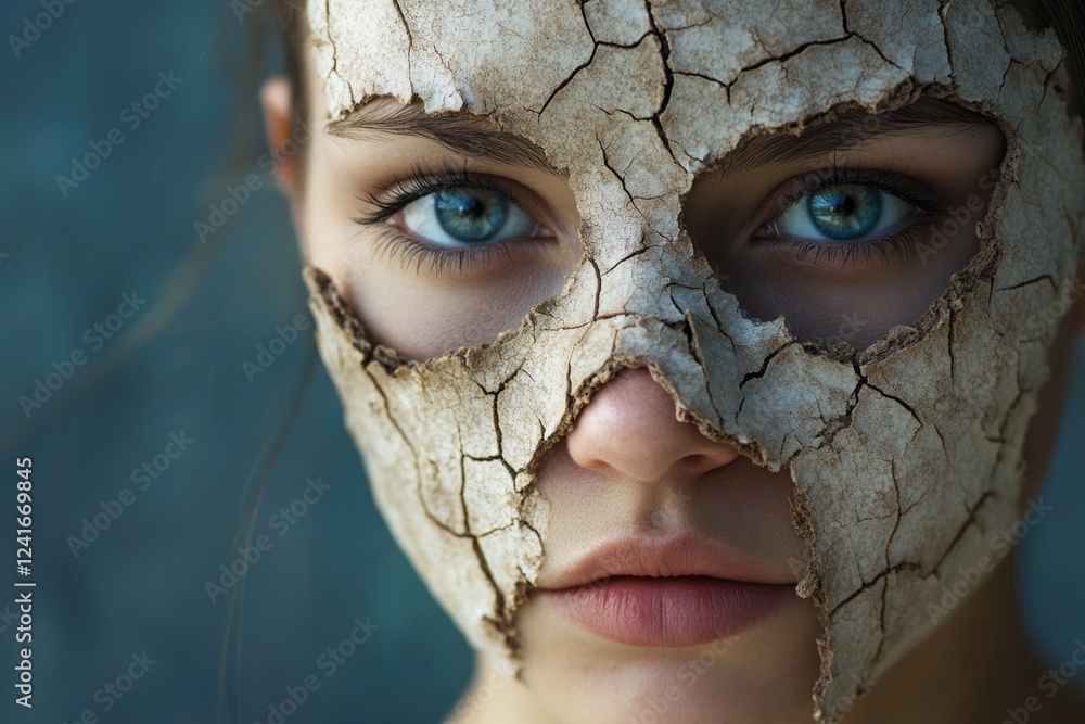 Poster a close-up view of a person's face covered by a mask, suitable for use in images requiring anonymity