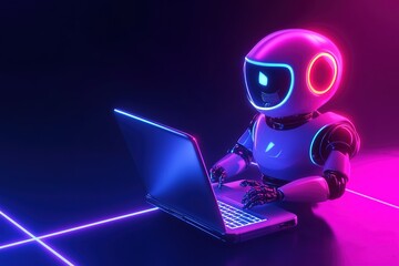 Artificial intelligence robot using laptop neon light futuristic technology 3d illustration banner.