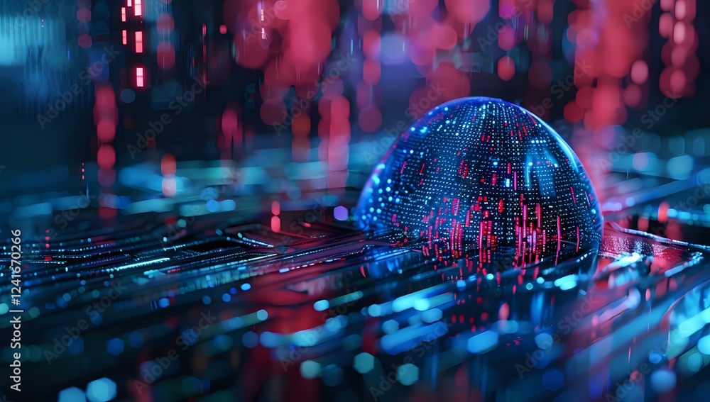 Poster digital sphere with glowing blue circuit patterns floating over reflective surface amid red and blue