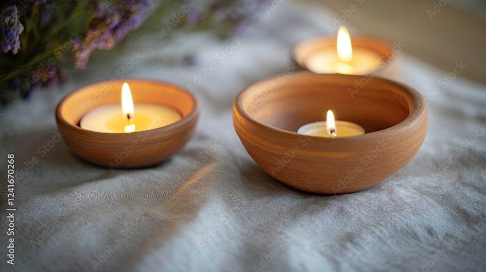 Poster a simple setup of three lit candles on a table with a warm glow