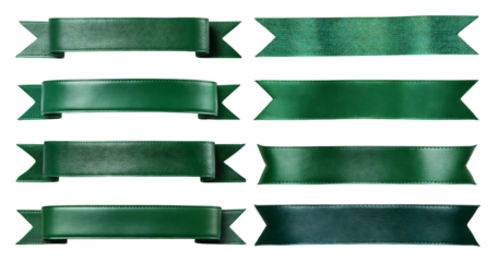Various Green Decorative Ribbons and Banners for Design Projects, isolated on transparent background