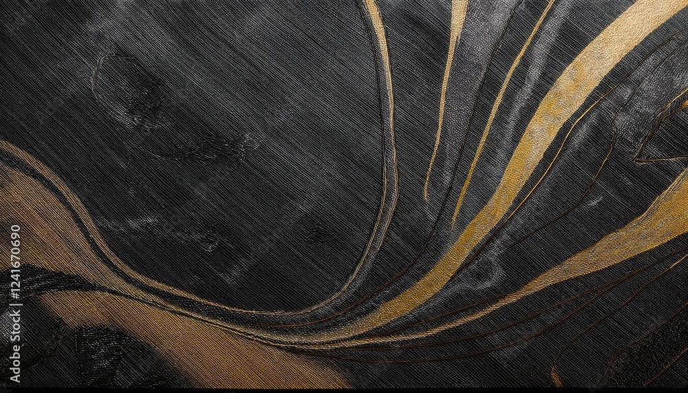 Poster luxury black and gold abstract texture with flowing metallic lines, elegant dark fabric background f