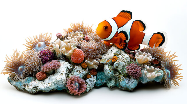 A small fish is swimming in front of a coral reef