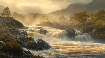 Obraz premium Serene River Flowing Through Misty Landscape at Dawn in Nature