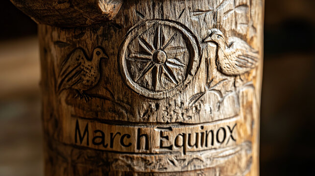 Carved Wooden Pole with March Equinox Symbol