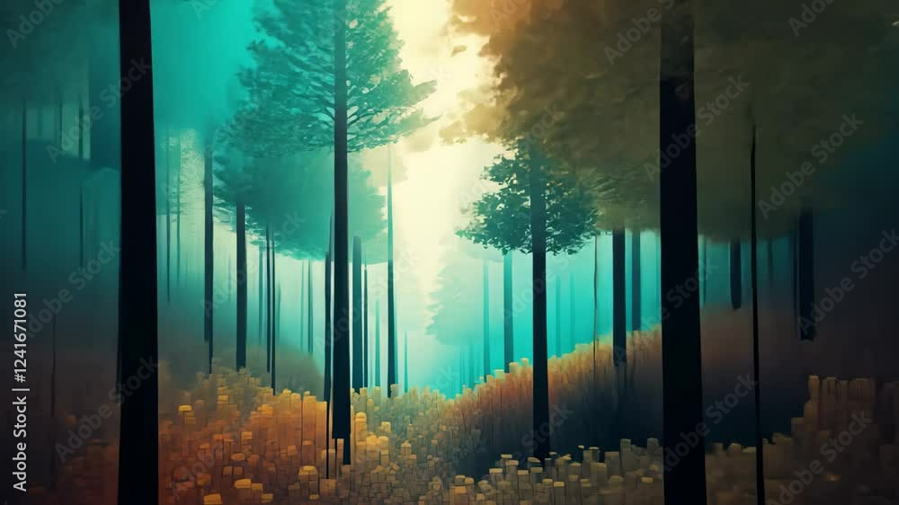 Aufkleber an abstract interpretation of a tranquil forest at dawn, showcasing pixelated trees with vibrant aut