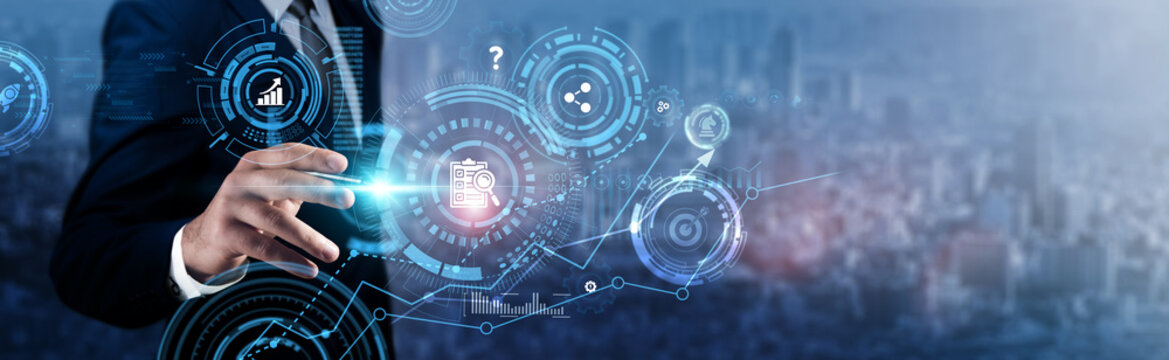 Assessment: Businessman analyzing technological data and performance metrics, evaluation tools, progress tracking, data insights, risk analysis, decision-making, and strategic planning.