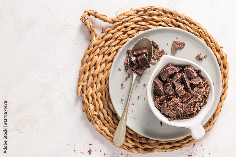 Aufkleber chocolate chunks in a white bowl on a white plate, placed on a woven mat with a spoon beside it, cre