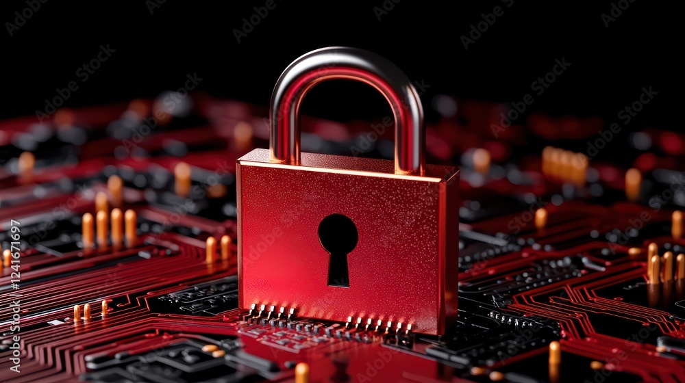 Poster digital security concept with red padlock on circuit board design