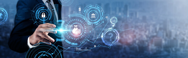Budget: Businessman analyzing technological data and financial planning, cost management, expenditure tracking, resource allocation, budget forecasting, financial strategy, and economic analysis.