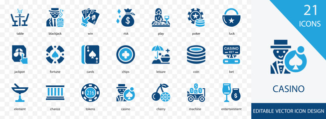 Casino solid  icon set. containing  lose,  tokens, roulette,  coin,  machine,  luck and more vector icon collection 