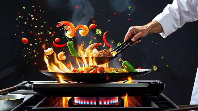 Chef Cooking Stir-Fry with Fire, Shrimp, Vegetables, and Spices in a Flaming Wok on a Gas Stove

