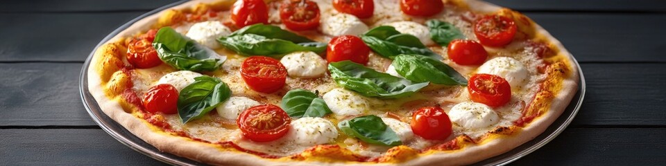 Freshly baked pizza topped with juicy tomatoes, creamy mozzarella cheese and fragrant basil leaves