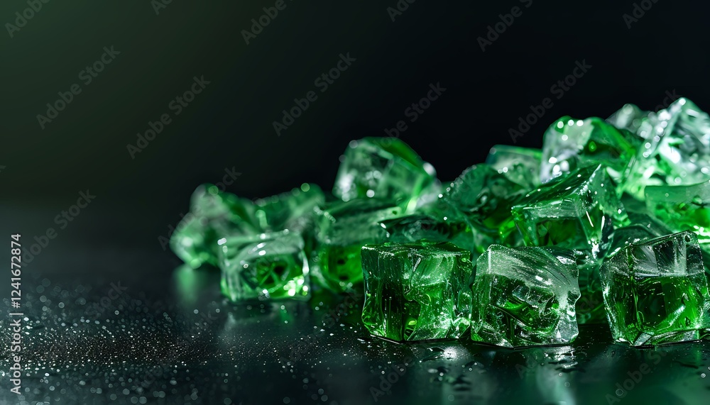 Poster green translucent crystal fragments scattered on dark surface with soft lighting and shallow depth o