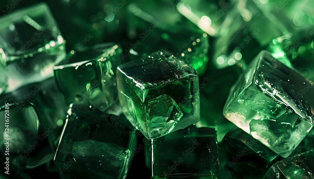 Poster macro shot of translucent green ice cubes with crystalline structure and light reflections creating 