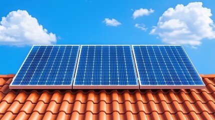 Solar Panels on Roof Under Bright Blue Sky with White Clouds