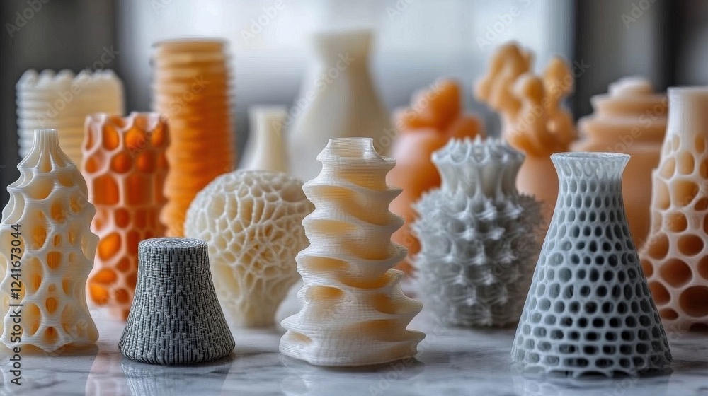 Poster collection of intricate 3d-printed vases displayed on a marble surface with soft lighting