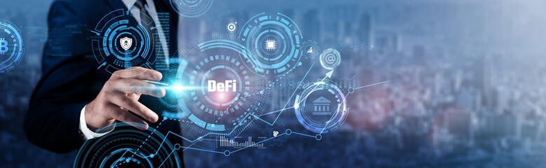 Decentralized Finance (DeFi): Businessman analyzing technological data and blockchain transactions, smart contracts, digital assets, cryptocurrency, peer-to-peer lending, financial security