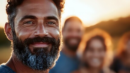 Middle-aged bearded man smiling at sunset with warm golden light, group of friends blurred in background, genuine happiness and connection outdoors.