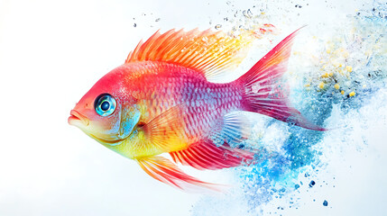 Fototapeta premium A colorful fish is swimming in a blue and white background