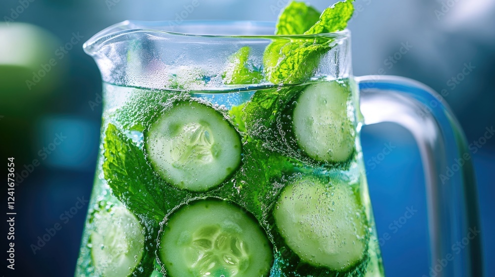 Poster refreshing pitcher of water with sliced cucumbers, perfect for a hot summer day or a spa-inspired se