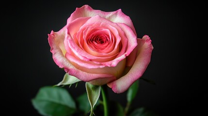 Fototapeta premium A pink rose with green leaves against a dark background, perfect for romantic or mysterious themes