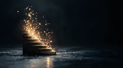 Obraz premium Glowing magical staircase with golden sparkles and light particles ascending in dark mysterious atmosphere against black background, water reflections below.