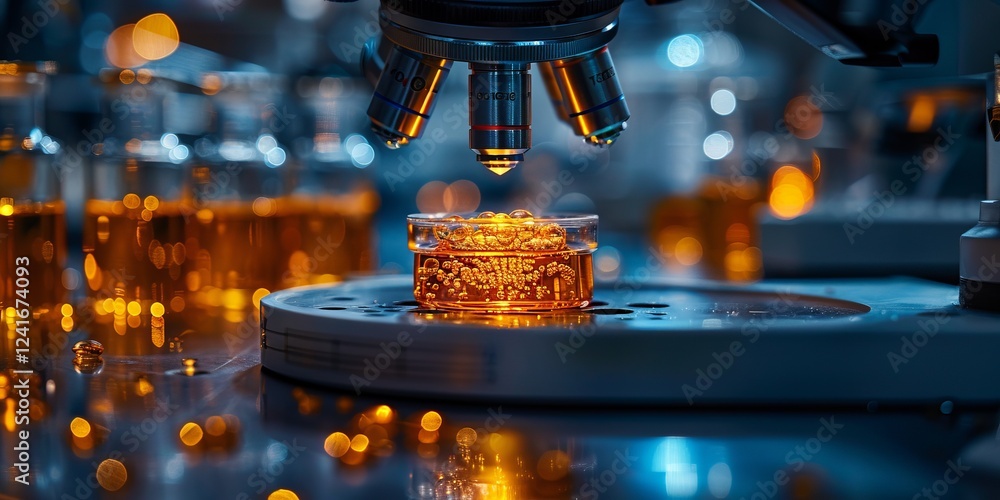 Poster close-up of a microscope examining a glowing petri dish in a high-tech laboratory, symbolizing scien