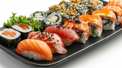 Detailed close-up of sushi varieties like dragon rolls, spicy tuna, and cucumber maki on a glossy black plate, set against a bright white background
