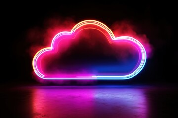 Futuristic glowing cloud computing concept with neon light, representing digital data storage and modern technology innovation.