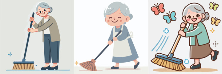 vector of an elderly person sweeping the floor