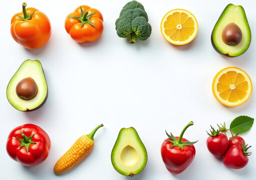 different healthy foods arranged flat layout space added