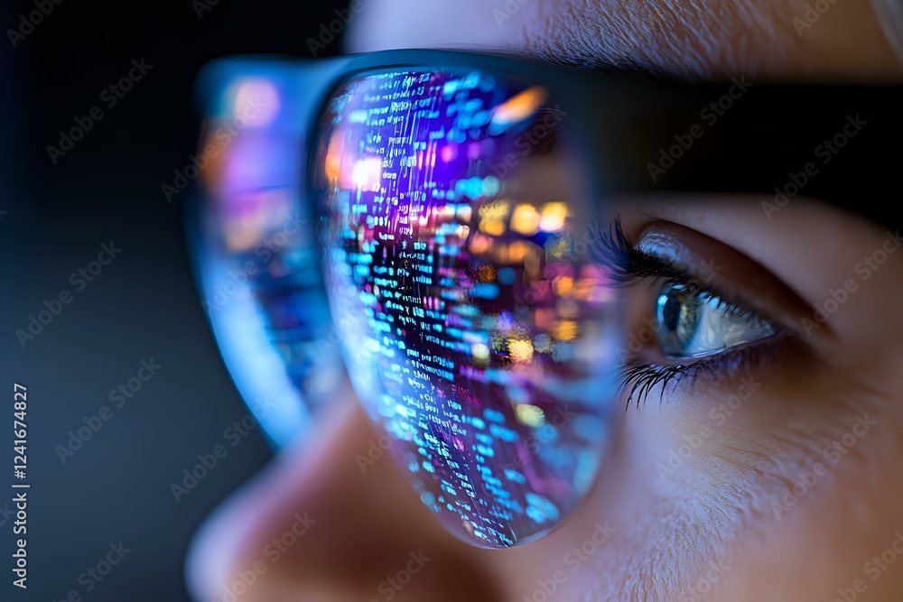 Poster close-up view of programming code reflection in glasses lens with blue light and bokeh effects, show