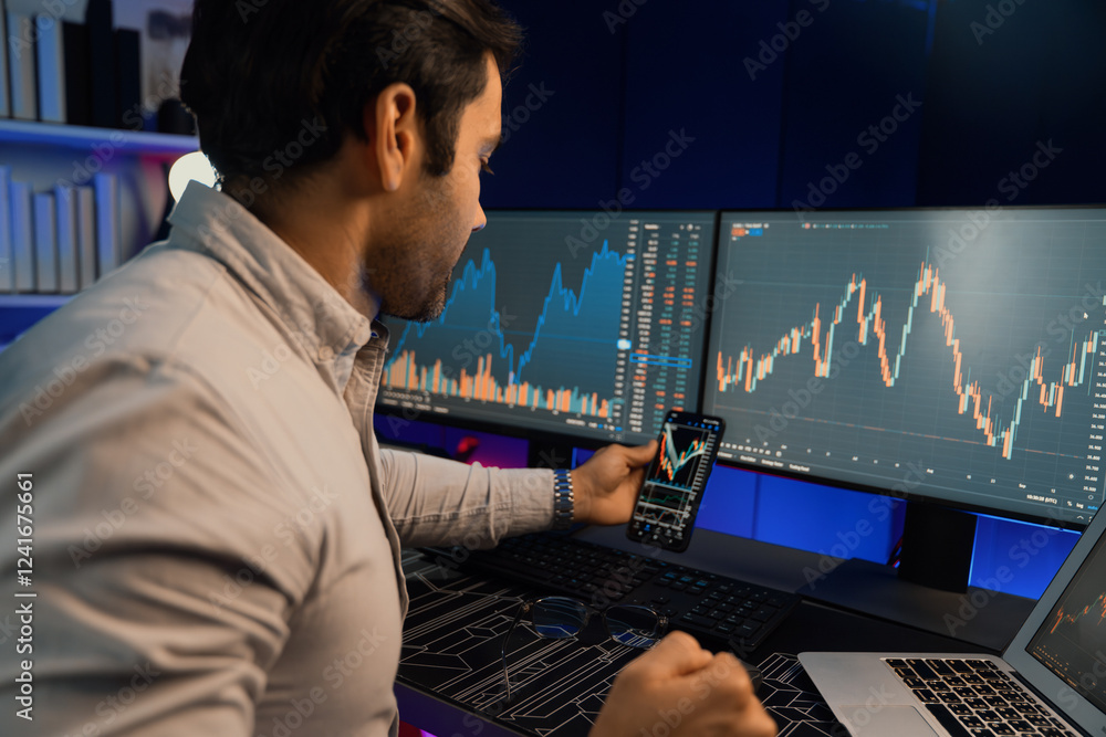 Poster smart trader businessman concentrating on dynamic stock exchange investment on pc and laptop showing