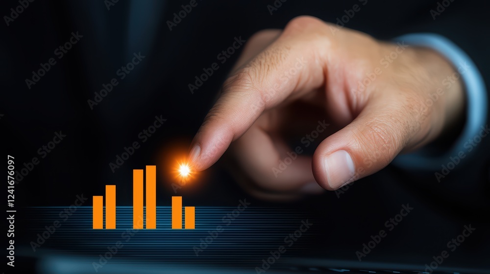 Poster businessman analyzing data trends with touch interaction on graphs