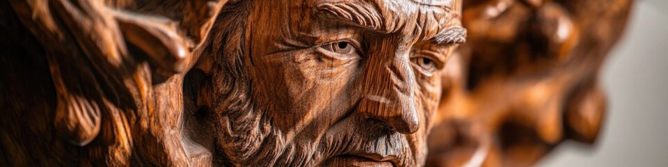 A detailed shot of a wooden carving depicting a human face, perfect for use in various designs and stories