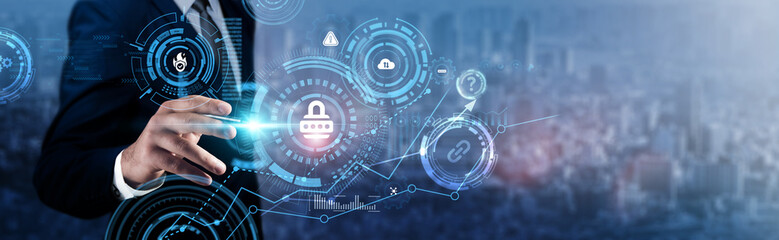 Secure Coding: Businessman analyzing technological data and code security, vulnerability...