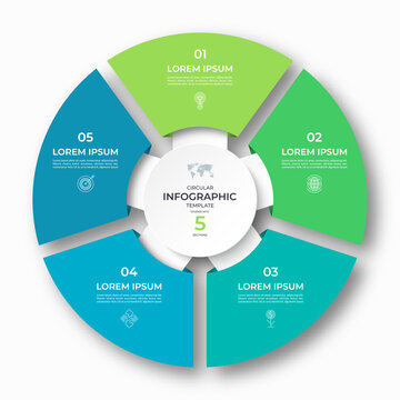 Vector infographic circular template divided into5 sections, parts. Cycle diagram with 5 options. 5-step round chart. Suitable for use in presentations, reports, visualizing data, marketing materials