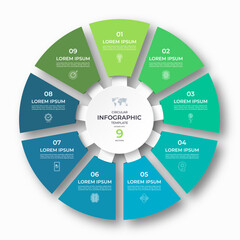 Vector infographic circular template divided into 9 sections, parts. Cycle diagram with 9 options. 9-step round chart. Suitable for use in presentations, reports, visualizing data, marketing materials