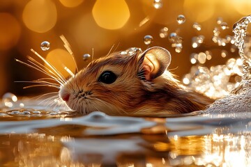 Adorable mouse swimming in water with water drops and golden bokeh background, close-up portrait showing whiskers and wet fur in magical lighting.