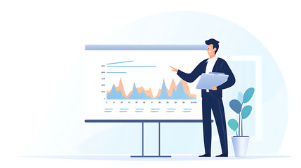 Fototapeta premium A man is standing in front of a large projection screen, pointing to a graph