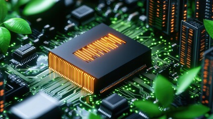 Vibrant Microchip Surrounded by Lush Greenery on Circuit Board