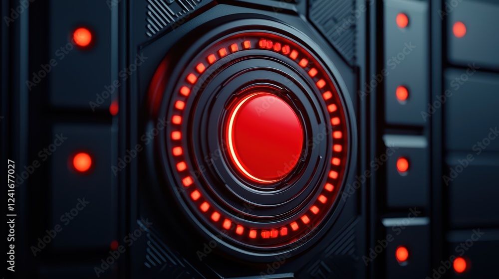 Poster red button on futuristic control panel with neon lights and texture