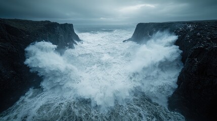 Fototapeta premium Dramatic ocean waves crashing between cliffs, stormy seascape