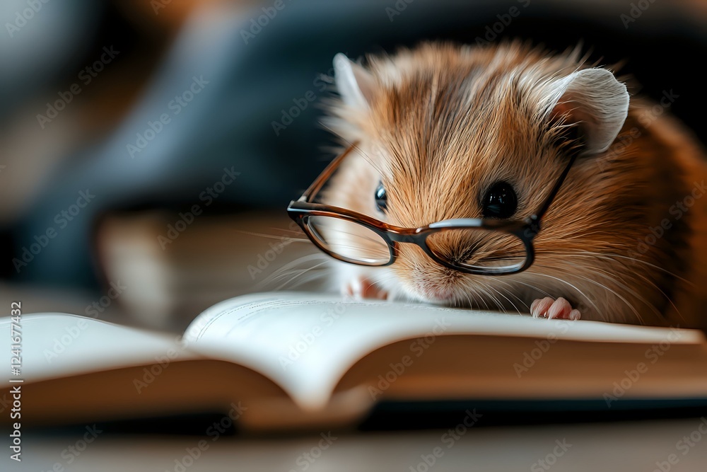 Poster adorable hamster wearing reading glasses peers over an open book, creating a whimsical educational s