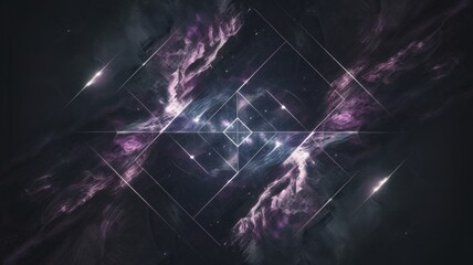 Moody abstract dark wallpaper with a deep space nebula of swirling purple, blue, and pink, layered with a geometric grid and soft glowing accents. Ideal for tech themes, digital backgrounds, or cosmic