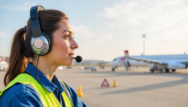 Focused female aviation worker directing planes on airport tarmac, teamwork