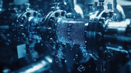 Complex network of industrial pipes transmitting a futuristic stream of digital data, symbolizing innovative manufacturing processes and technological advancements in production