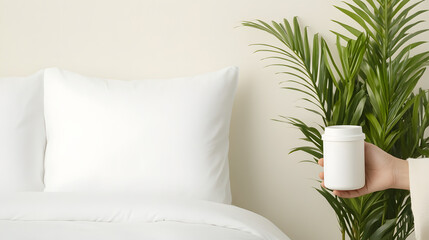 Minimalist bedroom featuring white linens, potted plants, and a serene, clutter-free atmosphere, creating a peaceful and inviting space for rest and relaxation.
