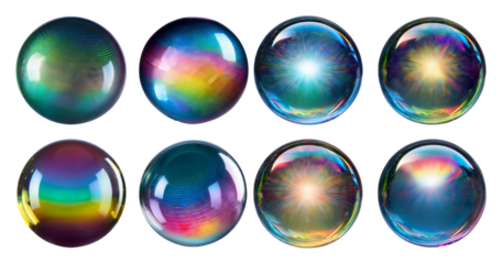 Colorful Glass Spheres with Light Reflections and Iridescent Effects, isolated on transparent background